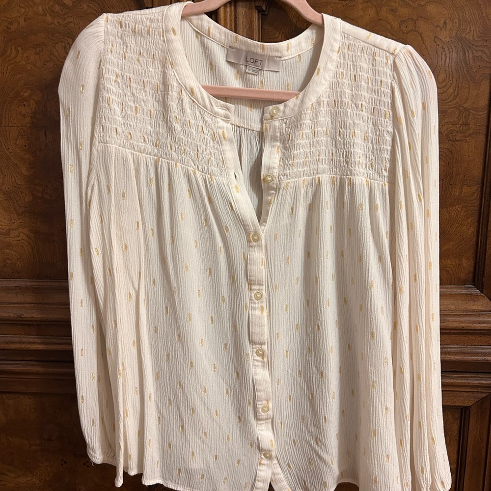 LOFT Women's Cream Blouse with Subtle Yellow Dots